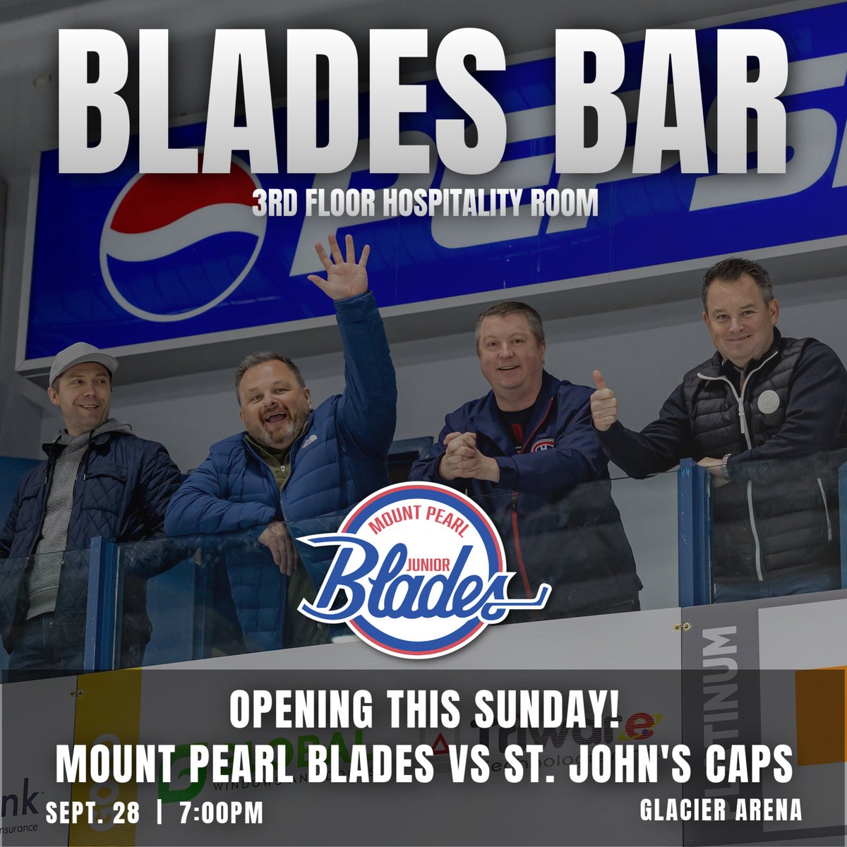 🍻 Introducing… Blades Bar!

We’re excited to open up the bar this Sunday at our home game versus our rival, the St. John’s Caps. 

Located in the 3rd floor hospitality room overlooking the entire ice surface. Come out to Blades Bar with your buddies this Sunday at the Glacier!