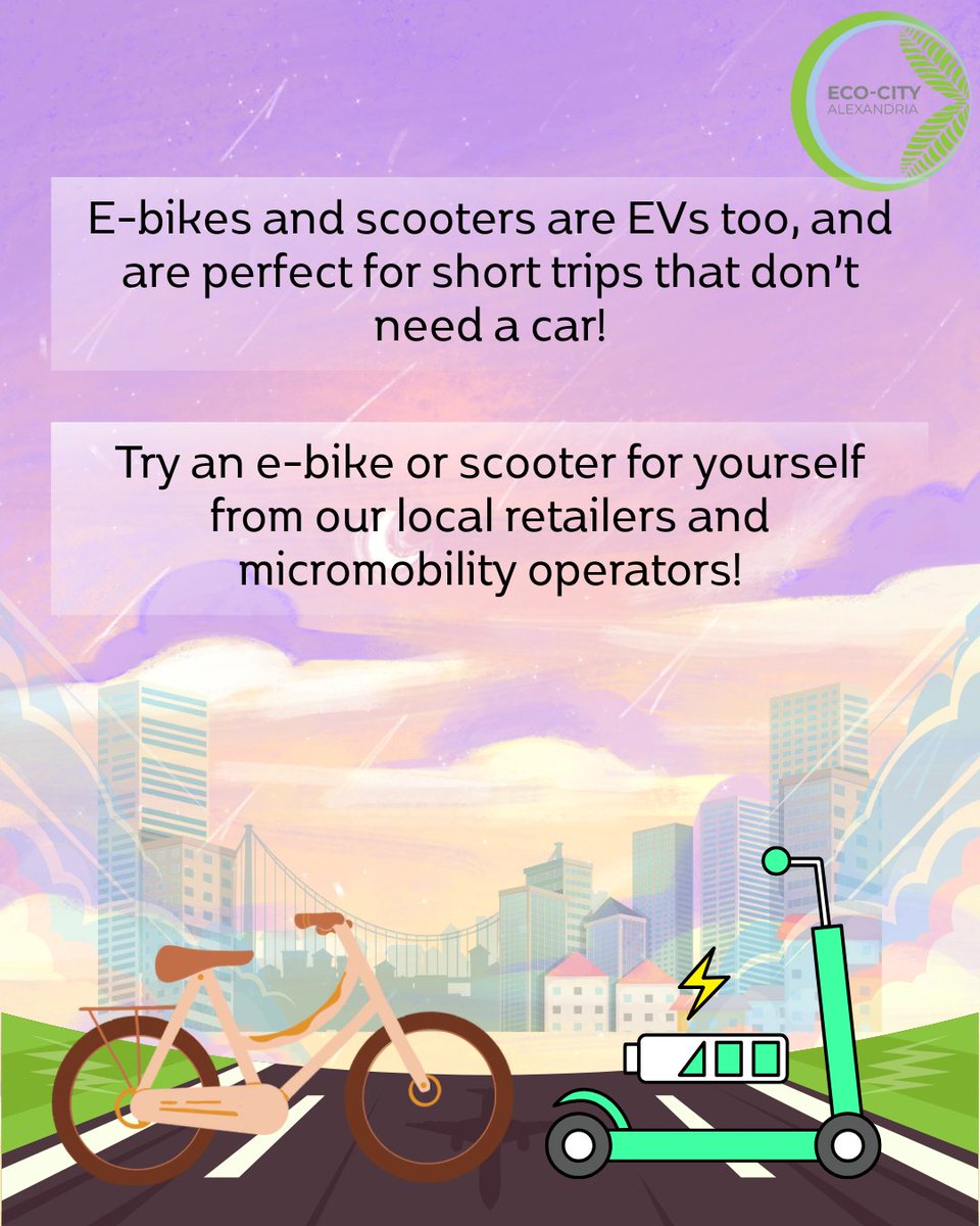 Thinking about going electric? 
Now’s the time! 

Join the City of Alexandria for our EV Ride &amp; Drive and Showcase on Saturday, September 27, 10 a.m.–2 p.m. at Chinquapin Park
Try an e-bike or scooter for yourself from our local retailers and micromobility operators! #Ecocityalx