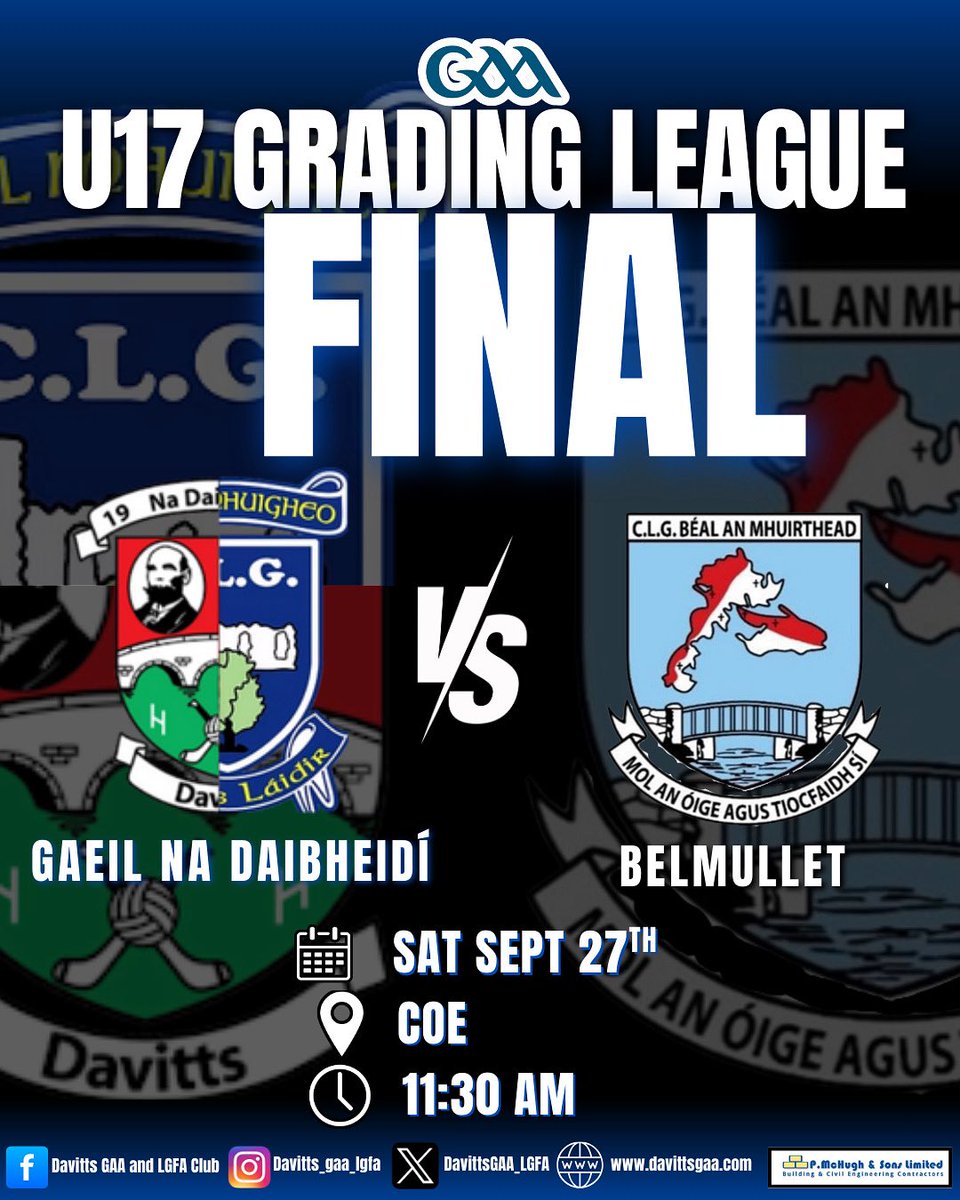The U-17 Grading League Div 3 final will be held in Bekan on Sturday (Sept 27th) at 11.30am. Get your tickets for the match against Belmullet via the link below...
universe.com/events/homelan…