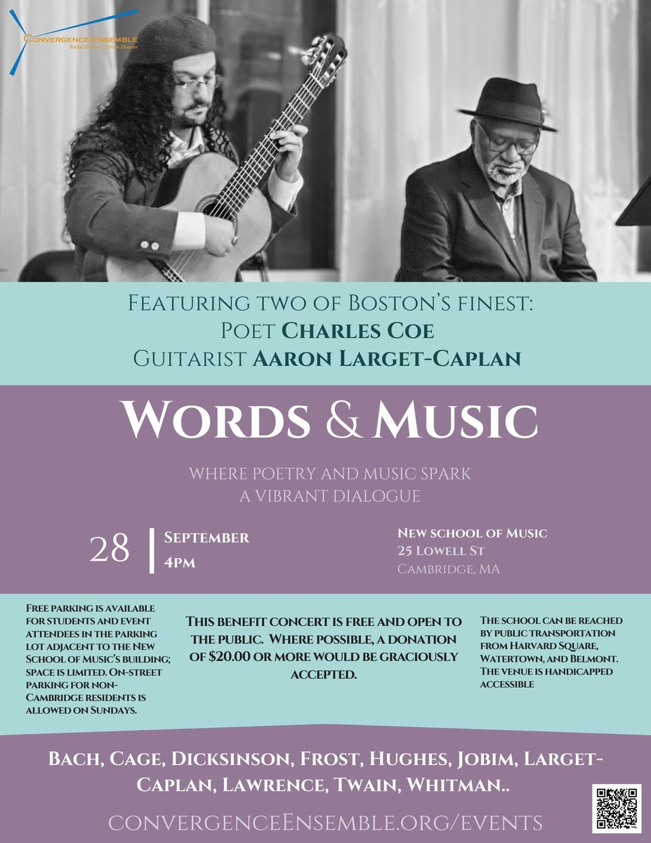Sunday with the poet Charles Coe in Cambridge.

Music: Cage, Bach, Barrios, Gershwin, Johnson, and Simon

Poems: Sasson, Cage, Dickinson Dryden, Coe, Hughes, Shakespeare, Twain, Callan, Frost, Whitman
#music #cambridge #classicalmusic #poetry #guitar
