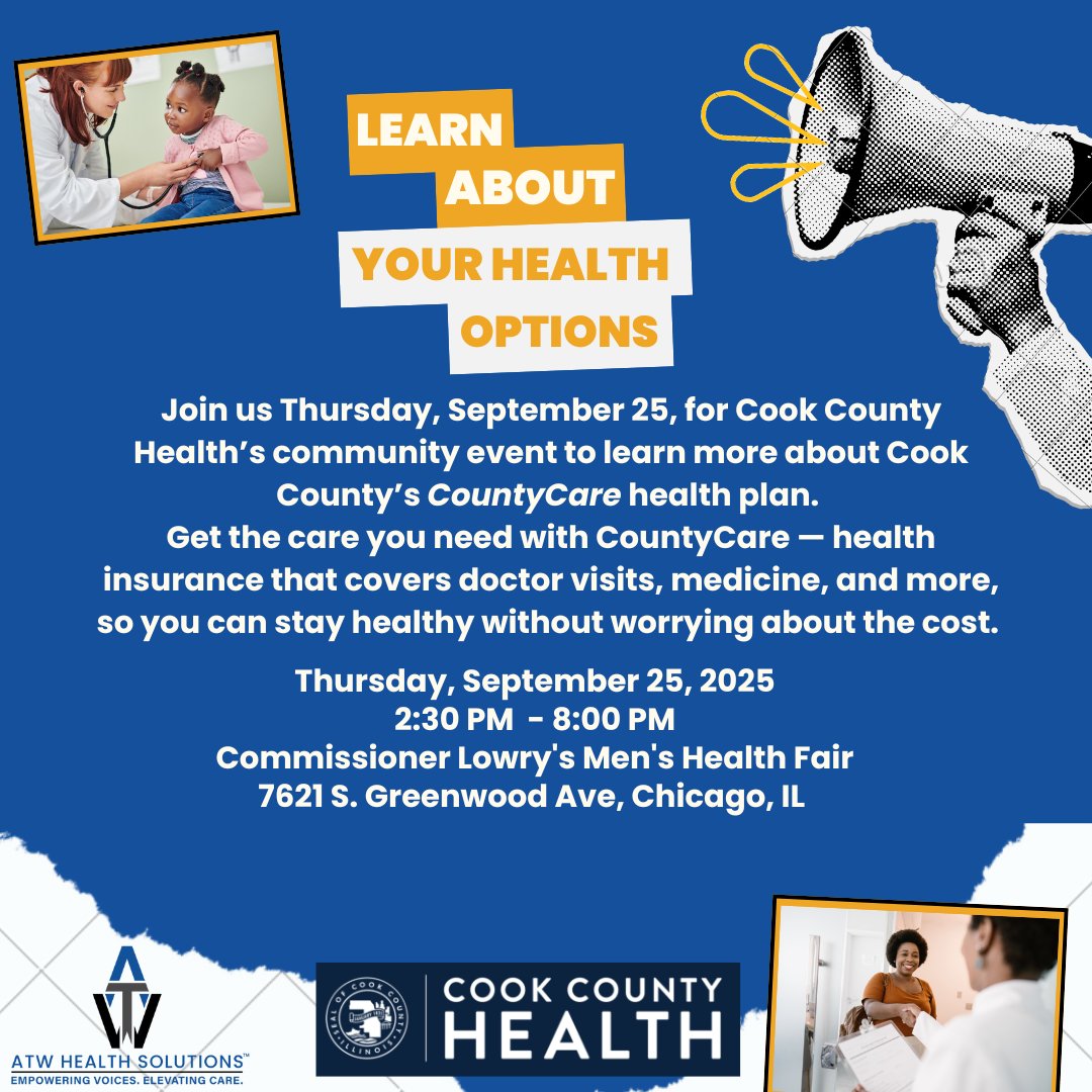 💪 Join us Sept 25, 2:30–8 PM at Commissioner Lowry’s Men’s Health Fair (7621 S. Greenwood Ave, Chicago) to learn about #CountyCare health coverage—doctor visits, medicine &amp; more. Stay healthy without the worry. 🩺💙

#CookCountyHealth #MensHealth #StayHealthy