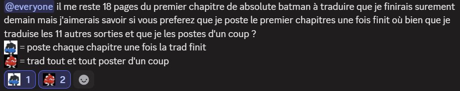 InvComicsVF's tweet image. Pour les fans de comics et des personnes qui chercheraient à lires absolute batman en français, petit sondage sur le discord pour savoir ce que vous preferez. 
liens du discord : discord.gg/8XrJEZzS