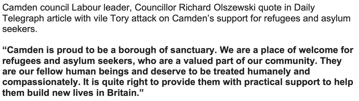 Olszewski_RJO's tweet photo. Daily Telegraph running a nasty story attacking Camden’s support for refugees and asylum seekers, with truly vile comments from national and Camden Tories.

Not repeating the story but here is my response: https://t.co/p2qfvzYoZR