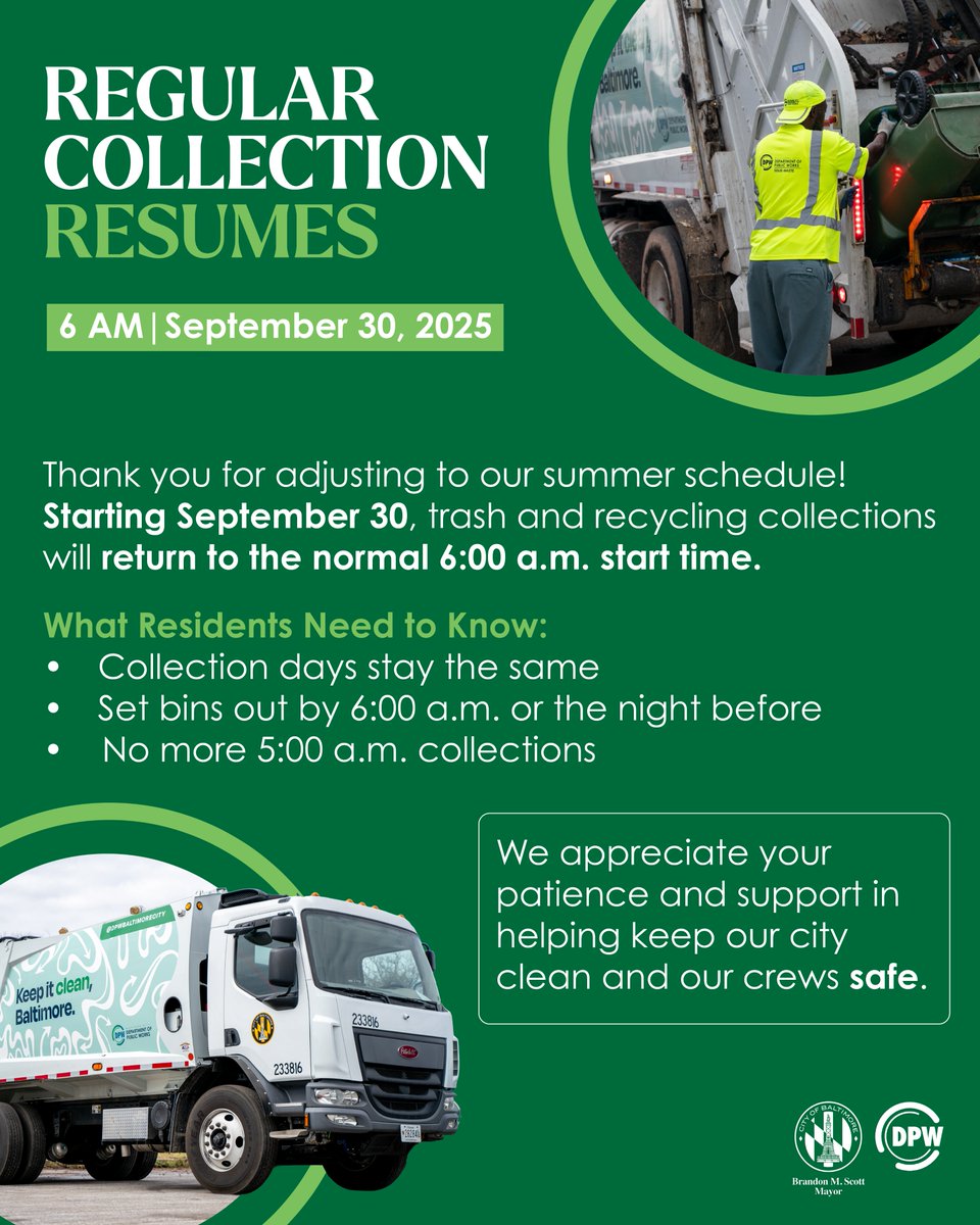 DPW will return to its standard 6:00 a.m. start time for curbside trash and recycling collections beginning September 30th