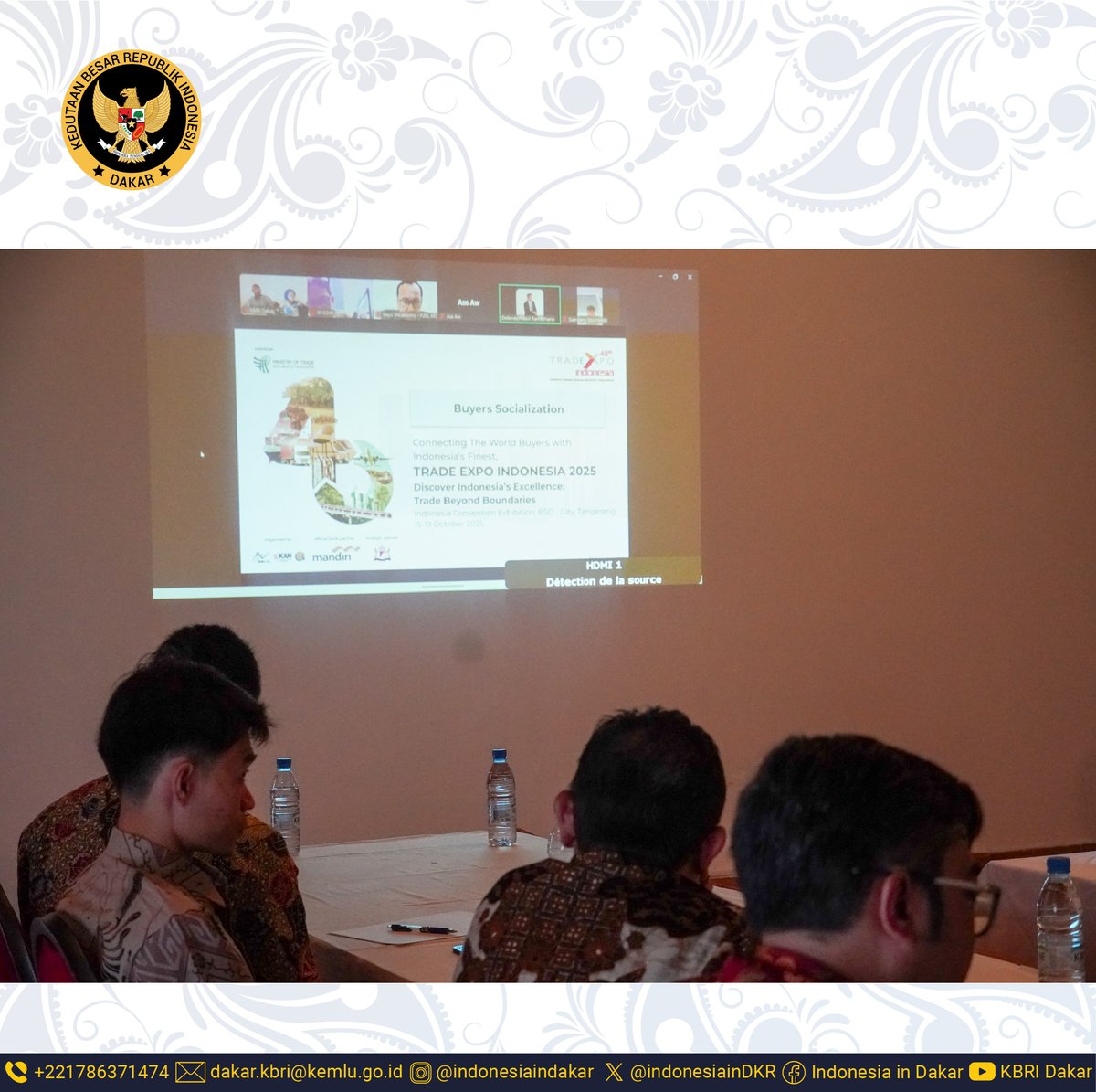 indonesiainDKR's tweet photo. Pada tanggal 19 September 2025, KBRI Dakar melaksanakan kegiatan “Road to Trade Expo Indonesia 2025” secara hybrid. Kegiatan terbagi dalam dua sesi, yaitu sesi pertama mengenai sosialisasi dan update TEI 2025, yang disampaikan oleh Bpk Bayu Wicaksono, Direktur Pengembangan Pasar https://t.co/1juXwnWde5