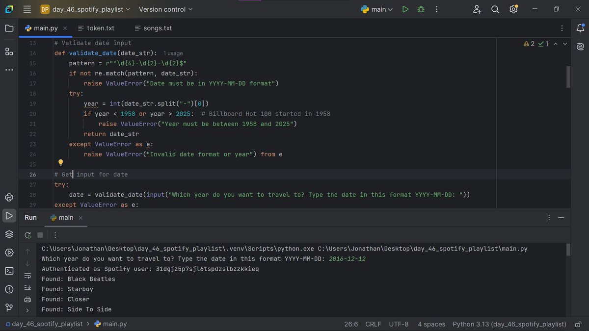 bluedev_py's tweet image. Day 46/100 – Intermediate+
> Scraped the Billboard charts & turned them into a Spotify Playlist using Python + BeautifulSoup🎧
#100DaysOfCode
#pythonprogramming
#pythononlinetraining