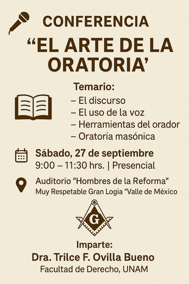 Estoy muy honrada con la invitación de la Muy respetable Gran Logia Valle de México para platicar sobre el arte de la oratoria.  Están cordialmente invitad@s