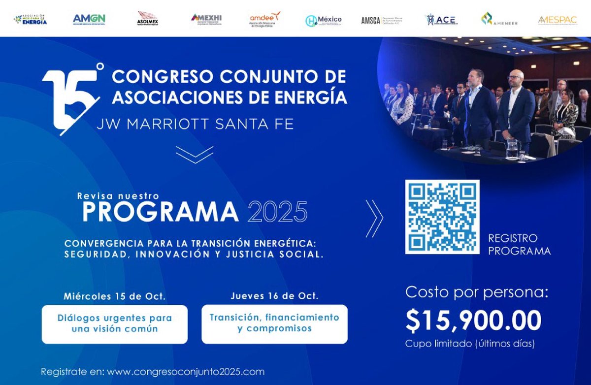 #AMSCA invita al 15.º Congreso Conjunto de Energía (15-16 octubre) en CDMX. Debate sobre regulación, innovación y justicia social en el sector: energiaadebate.com/transicion-inn…

¡Te esperamos!

#TransiciónEnergética