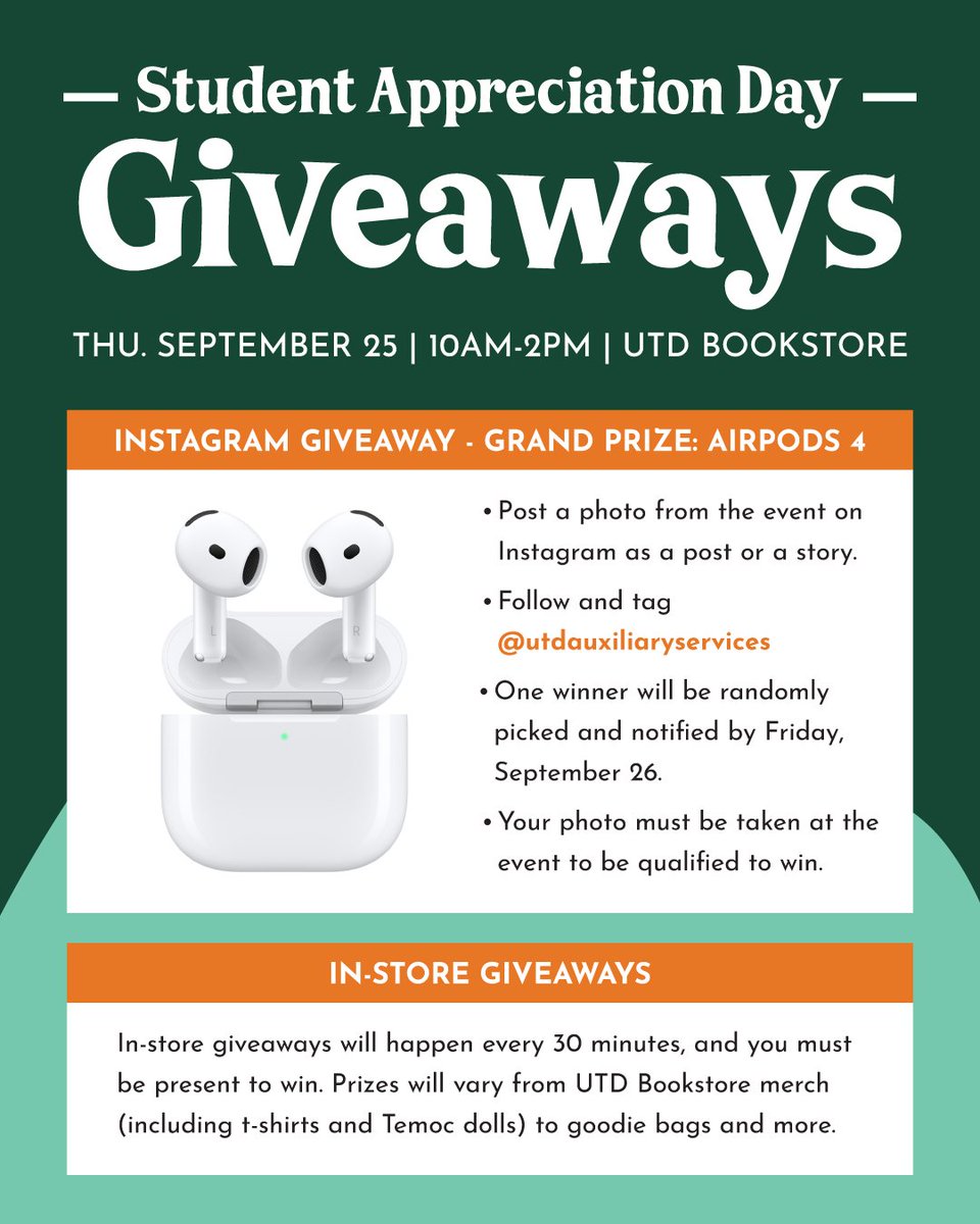 Join us for tomorrow's Student Appreciation Day at the Bookstore!

There will be in-store giveaways every 30 minutes AND a grand prize giveaway where you could win Apple AirPods 4!

We can't wait to see everyone there!