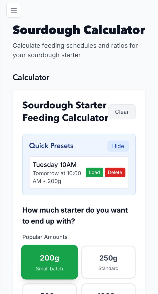 TODAY I pushed Presets to the sourdough Calculator in sourdoughtools.com

Now just click a button to preload your starter prep