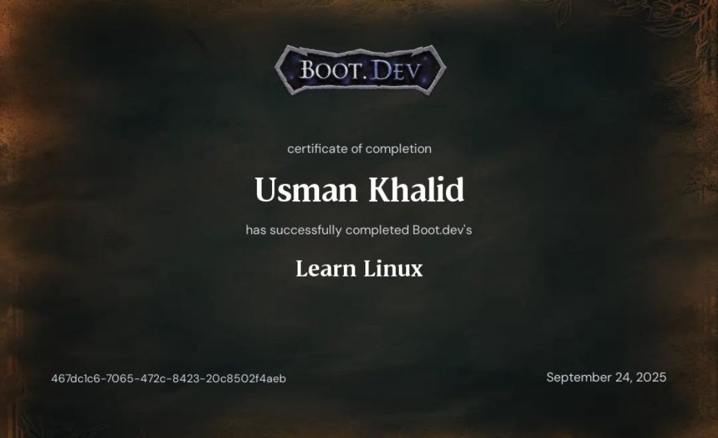 RajputUsman_'s tweet image. Excited to share that I’ve completed the “Learn Linux” course from Boot.dev 🐧

Big thanks to @wagslane  for creating such a practical and insightful learning experience!

My certificate here from @bootdotdev!: boot.dev/certificates/4… 

#Linux #Bootdev #Learning