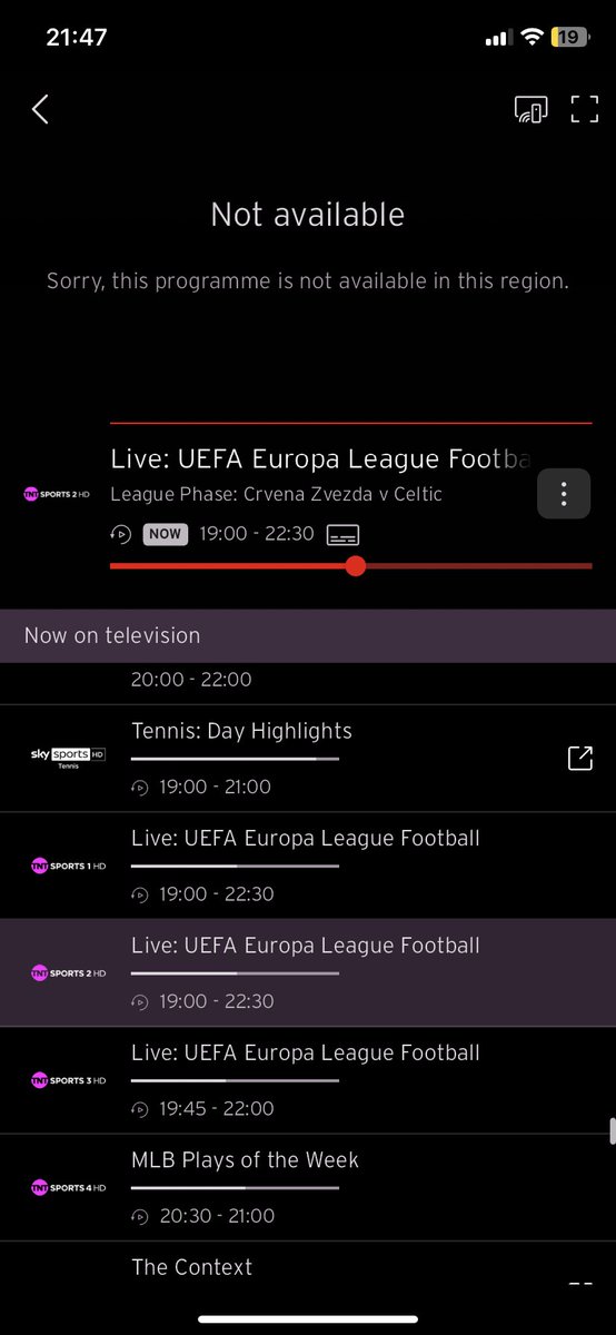 ninjacoderai's tweet image. How painfully pointless is the Virgin TV Go app when you can’t use it when travelling. Currently in Paris trying to watch the Celtic game on my iPhone…