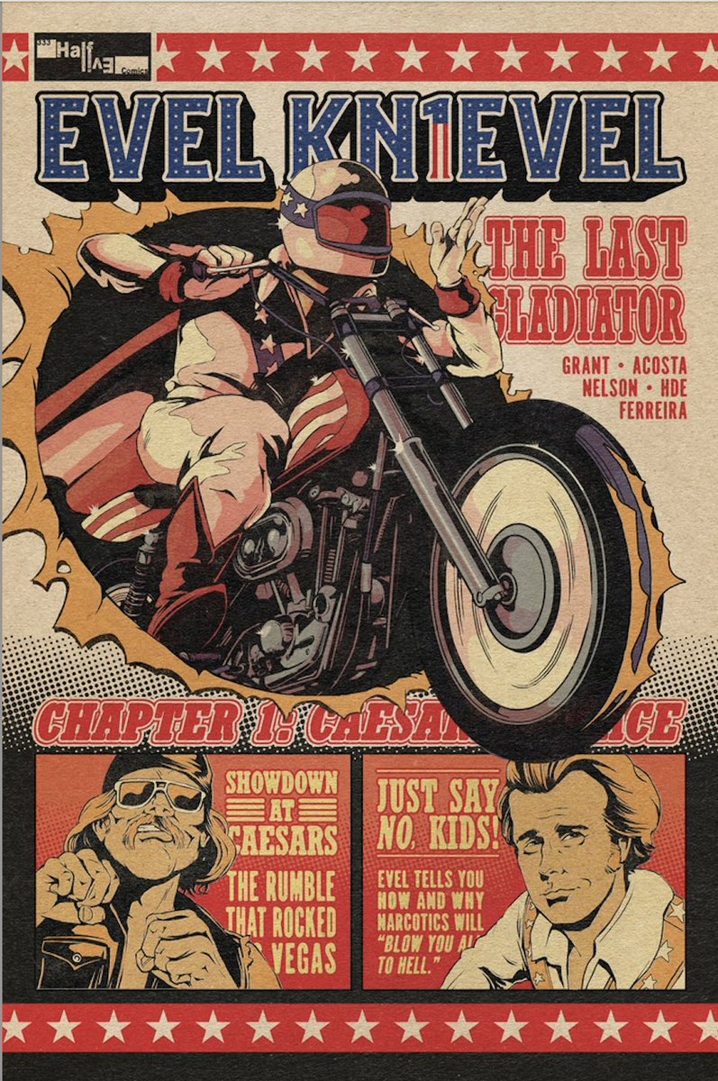 Here is the BONKERS GOOD cover we got from  <a href="/flopscomics/">𝙁𝙡𝙤𝙥𝙨</a> for our @EVELKNIEVEL #1 campaign! Get this and other GREAT art from folks like <a href="/davedrawsgood/">Dave Acosta</a>, and <a href="/raheight/">Ray-Anthony Height</a> over on Kickstarter: bit.ly/evelknievelcom…