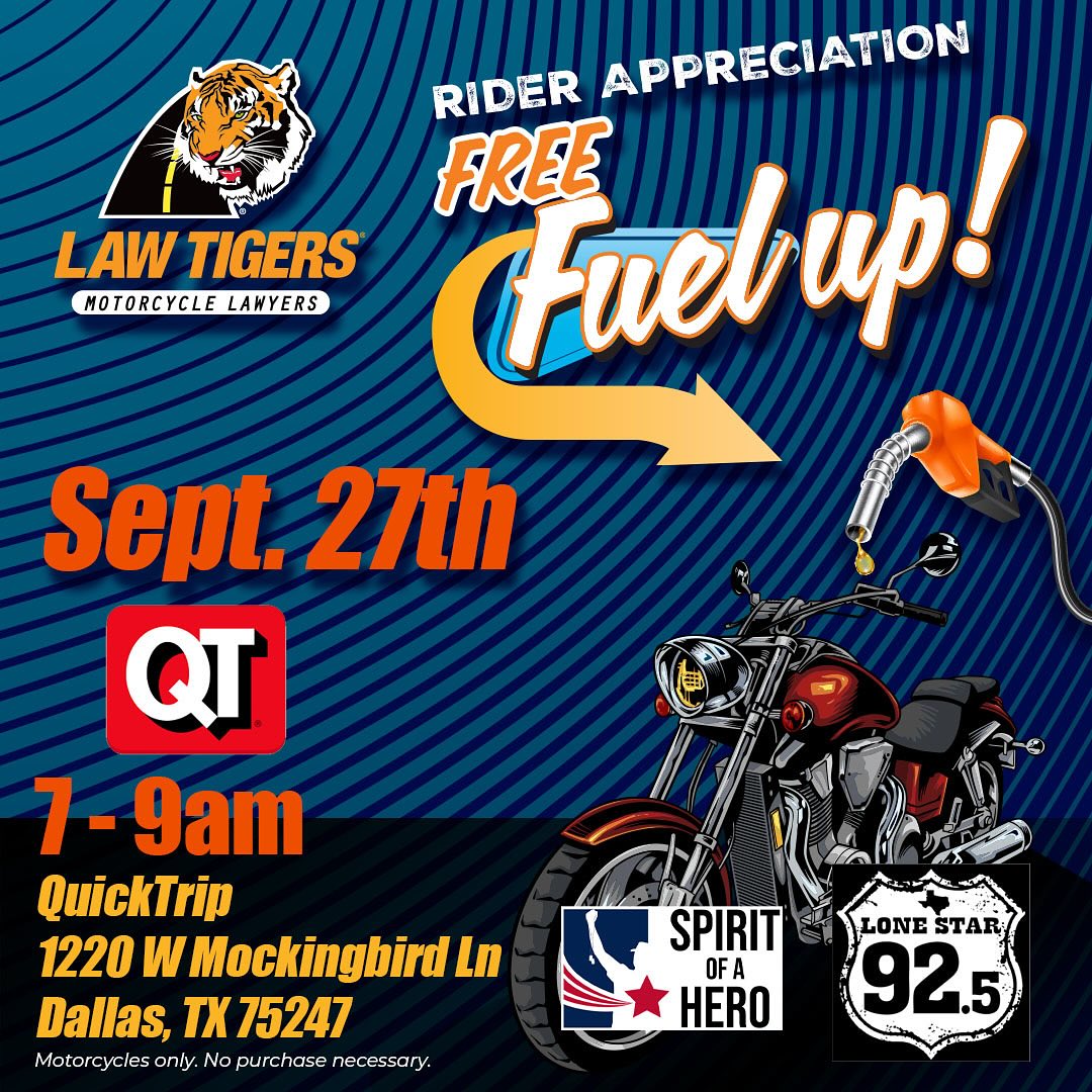 Join me, @LawTigers Dallas, and <a href="/LoneStar925/">Lone Star 92.5</a> this Saturday, 7-9 am at <a href="/QuikTrip/">QuikTrip</a> for the Law Tigers Rider Appreciation Fuel-Up, powered by QT. Motorcycles only, roll in to the QuikTrip at 1220 W Mockingbird and get FREE GAS and free Lonestar. Roll up, Fuel up, and ROCK OUT!