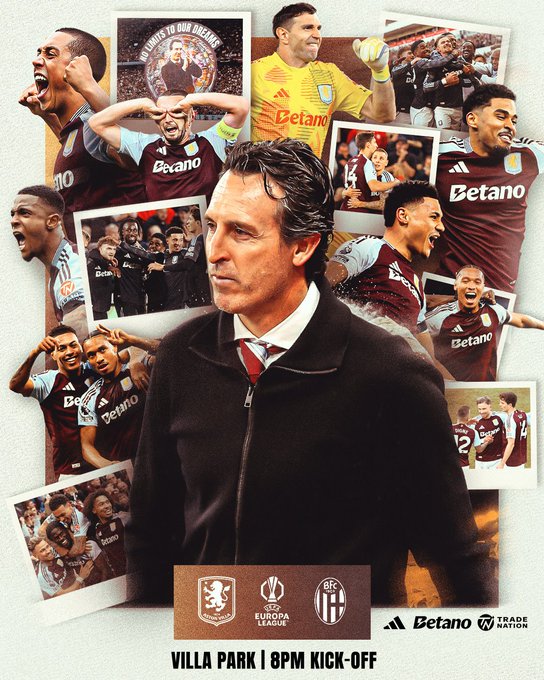 A collage featuring multiple photos of Aston Villa soccer players in maroon jerseys with "Betano" and "adidas" logos, celebrating and playing. A central image shows a man in a dark jacket and tie. Surrounding photos depict players in action, including a goalkeeper in a yellow jersey with "Puma" and "Aston Villa" visible. Text overlays read "Villa Park | 8PM Kick-Off" and "UEFA Europa League" with the Aston Villa lion logo.