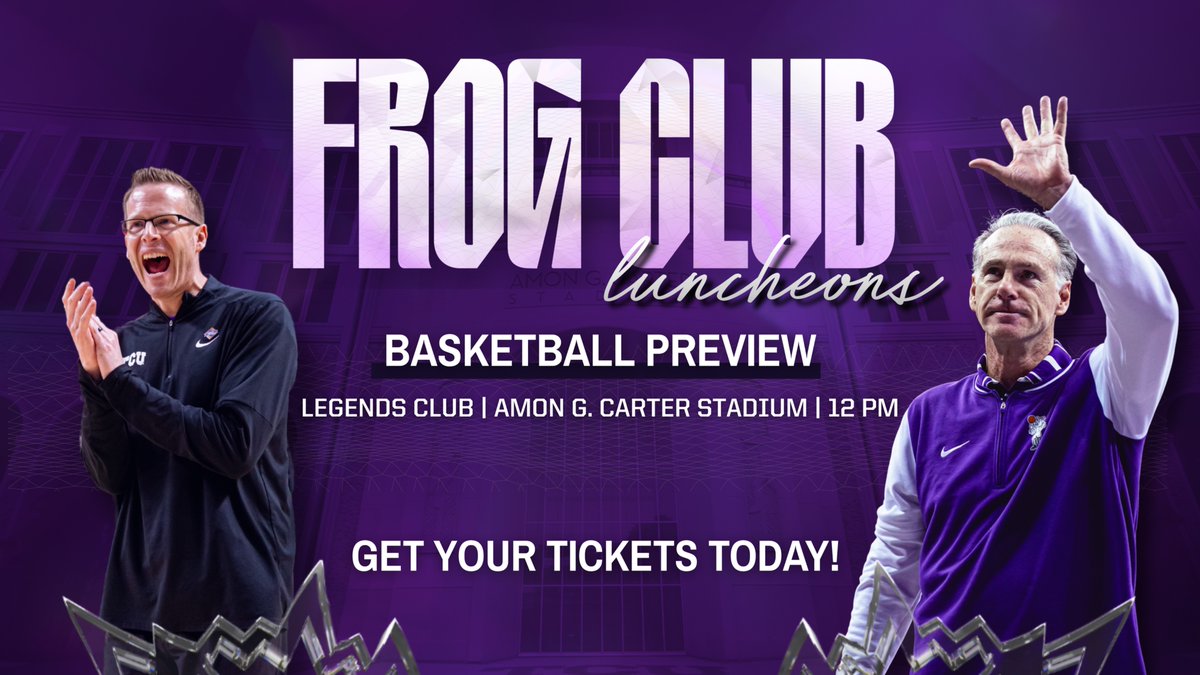 🏀 Hoops season is almost here! Join us Oct. 17 at the Frog Club Luncheon for a <a href="/tcuwbb/">TCU Women’s Basketball</a> and <a href="/TCUBasketball/">TCU Men's Basketball</a> preview with Coaches Mark Campbell &amp; Jamie Dixon.

✨ Members: check your inbox for exclusive pricing.
🎟️ Tickets → gofrogs.evenue.net/cgi-bin/ncomme…