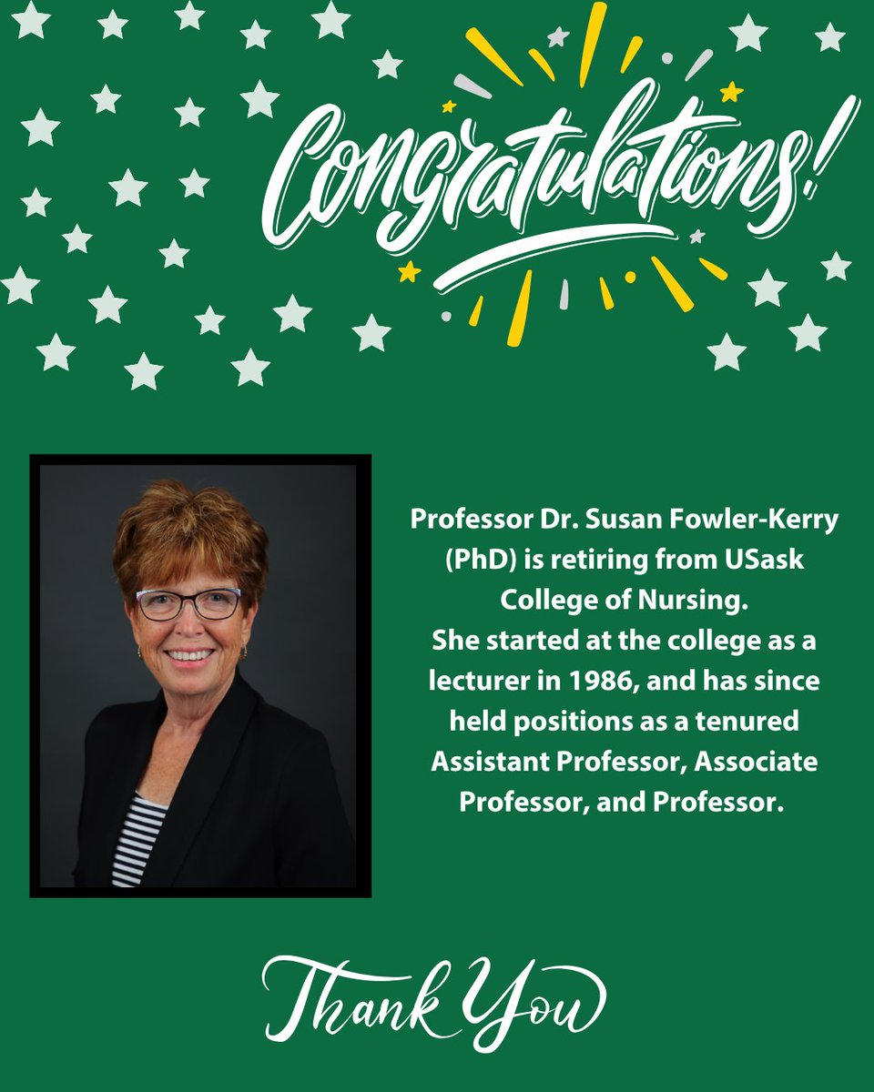 Join us in congratulating Dr. Susan Fowler-Kerry (PhD) on her retirement. 

Learn about Dr. Fowler-Kerry's career: nursing.usask.ca/people/susan-f…