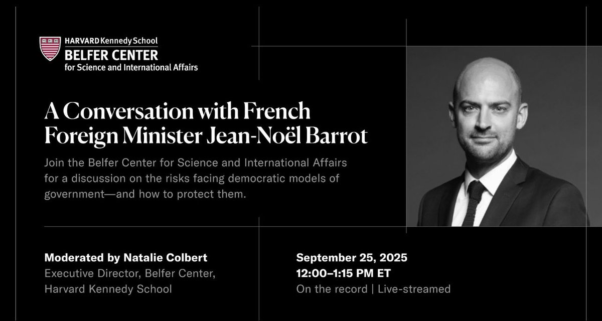 Consulate of France in Boston (@franceinboston) on Twitter photo Le ministre de l’Europe et des Affaires étrangères, M. <a href="/jnbarrot/">Jean-Noël Barrot</a> se rendra ce jeudi à #Boston et interviendra à 12h, à la <a href="/Kennedy_School/">Harvard Kennedy School</a>.
Suivez la conférence en direct sur YouTube via ce lien bit.ly/4nFX0Ho !
<a href="/francediplo/">France Diplomatie 🇫🇷🇪🇺</a> <a href="/FrenchAmbUS/">Laurent Bili</a> <a href="/franceintheus/">Embassy of France in the U.S.</a> <a href="/BelferCenter/">Belfer Center</a> Le ministre de l’Europe et des Affaires étrangères, M. <a href="/jnbarrot/">Jean-Noël Barrot</a> se rendra ce jeudi à #Boston et interviendra à 12h, à la <a href="/Kennedy_School/">Harvard Kennedy School</a>.
Suivez la conférence en direct sur YouTube via ce lien bit.ly/4nFX0Ho !
<a href="/francediplo/">France Diplomatie 🇫🇷🇪🇺</a> <a href="/FrenchAmbUS/">Laurent Bili</a> <a href="/franceintheus/">Embassy of France in the U.S.</a> <a href="/BelferCenter/">Belfer Center</a>