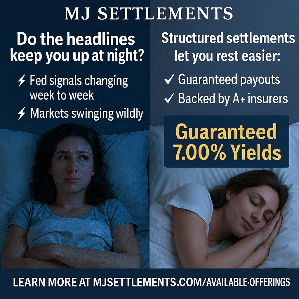 MJSettlements's tweet image. 😴 Headlines keeping you up at night?
 ⚡Fed flip-flopping
 📉 Market swings
 💸 Portfolios stressed
Structured settlements = predictable income.
 ✅ Guaranteed
 ✅ Tax-deferred
 ✅ Up to 7.00% yields
👉mjsettlements.com/available-offe…
 #SafeMoney #PassiveIncome #StructuredSettlements
