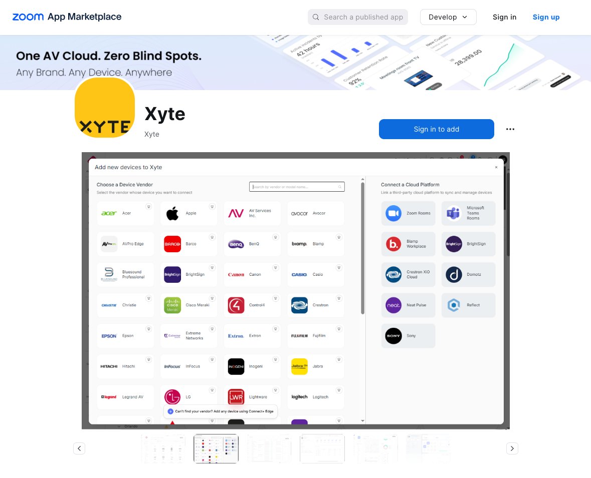 We’ve joined the Zoom App Marketplace! 🎉

Now, IT managers can monitor all their Zoom Rooms straight from the #Xyte platform — one place for unified monitoring and smarter device management.

Explore the listing: marketplace.zoom.us/apps/sCrCCDHlT…
