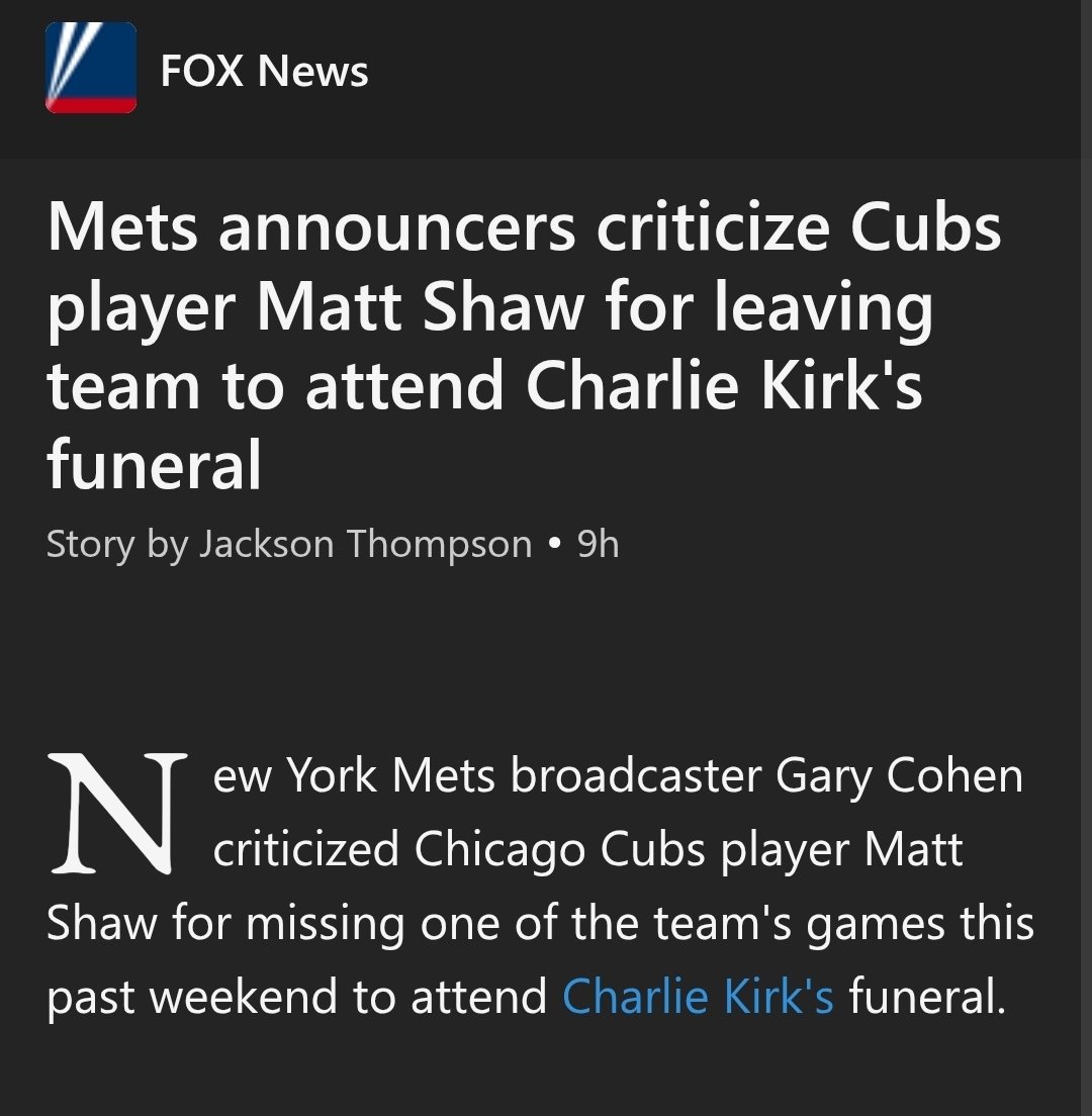 New York Mets broadcaster Gary Cohen, who missed a game earlier this year when his dog died, calls it "weird" that a Cubs player missed a game to attend Charlie Kirk's funeral. The player was literally INVITED there by Erika Kirk. Will <a href="/SNYtv/">SNY</a> and the <a href="/Mets/">New York Mets</a> apologize?