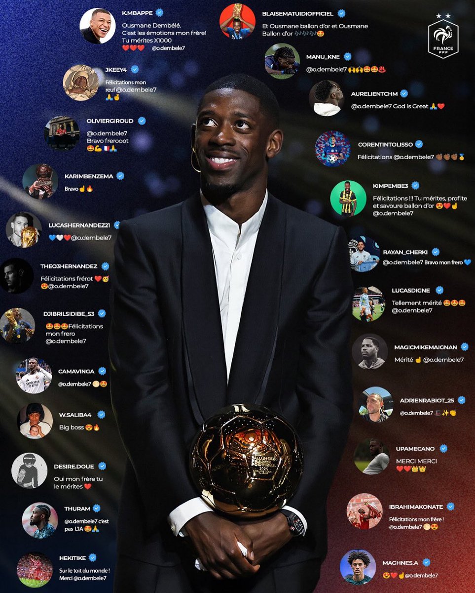 ActuFoot_'s tweet image. De nombreux joueurs qui ont côtoyé Ousmane Dembélé chez les Bleus 🇫🇷 ont félicité le Ballon d’Or 2025. 🌕👏

📸 @equipedefrance