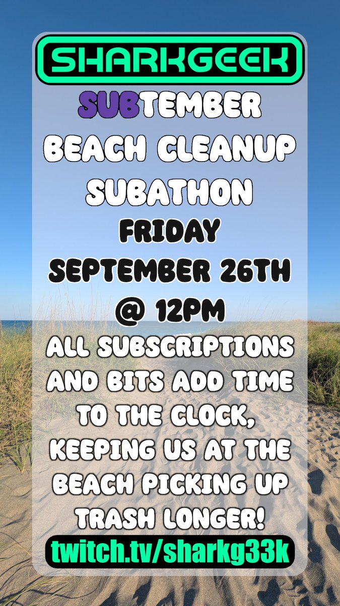 Twitch subscriptions are 25% off, and this Friday subscribing to SharkG33k will directly result in trash being cleaned off a Florida beach! 

If we go past 5 PM I'll pause the clock and pick it up another day!

#beach #beachcleanup #ocean #environment #twitch
