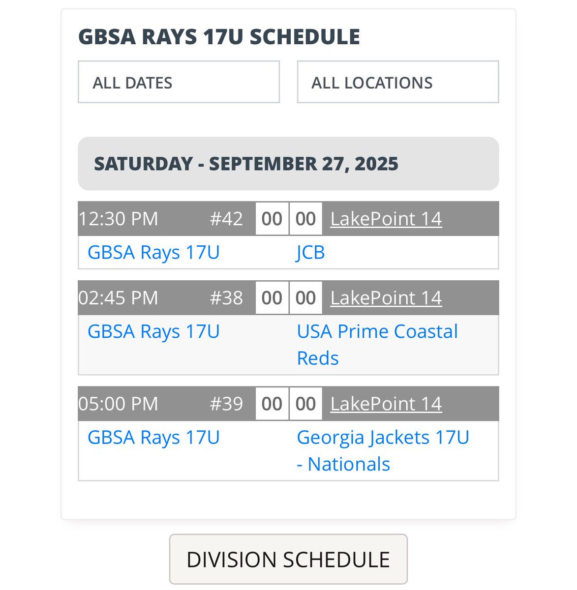 Schedule for this week’s tournament
