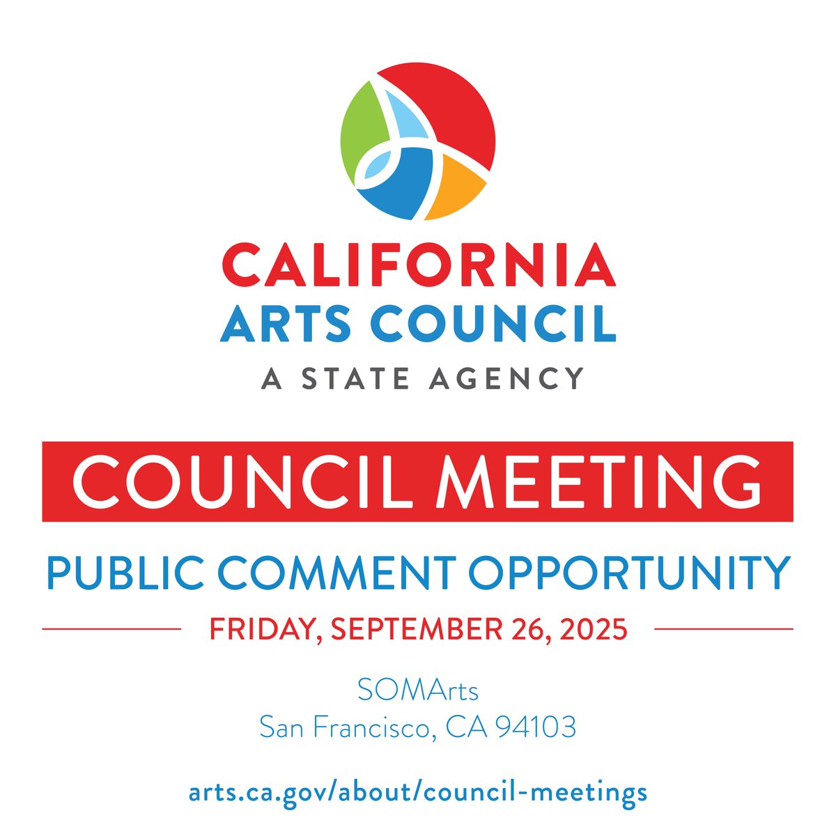 Join us Friday at 10AM at <a href="/somarts/">SOMArts</a> in San Francisco - or online! - for our next Council meeting. On the agenda: FY25-26 grant allocations, our 50th anniversary, and more. Offer your input during the meeting or submit in writing. More details at: arts.ca.gov/about/council-… #ArtsCA