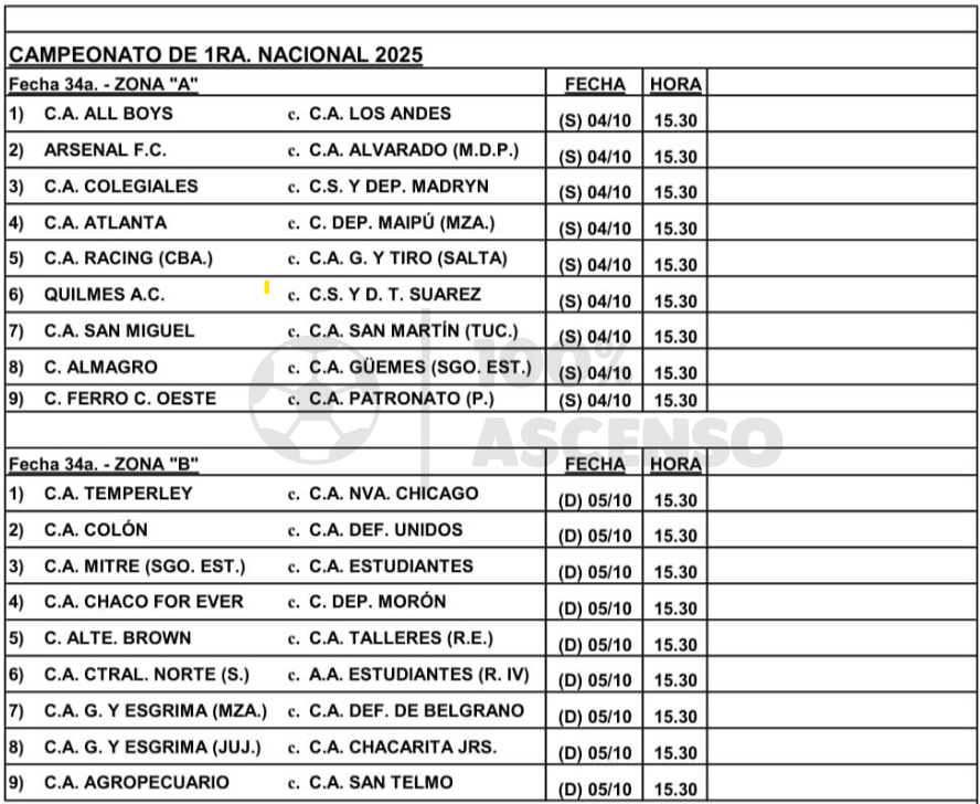 Primera Nacional

💥 Tentativo de la fecha 34 del campeonato!!

📆 En principio la Zona A se jugaría íntegramente el sábado. En cambio la Zona B se disputaría en su totalidad el día domingo.

😮 Detalle, todos los partidos serán a las 15:30hs!!

#PrimeraNacional