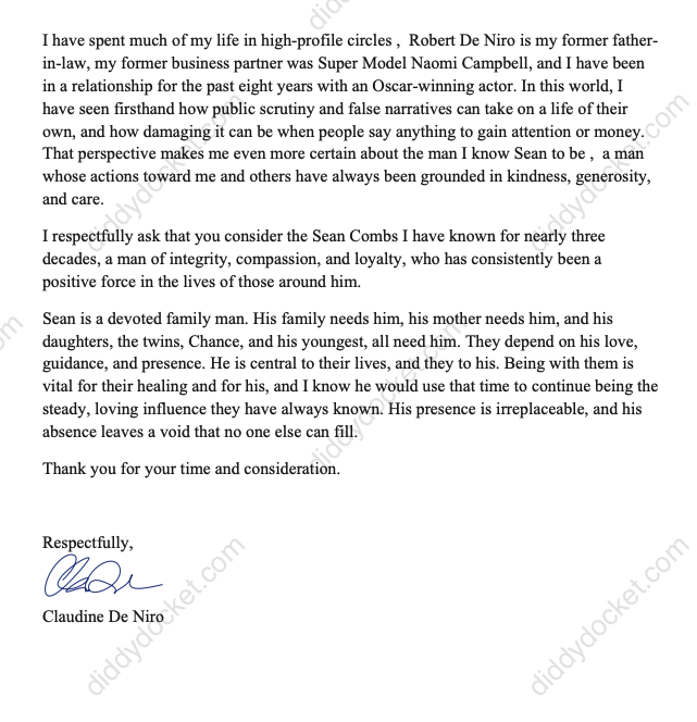 In the matter of USA v. Combs,

Former NYC party planner, Sean Combs concierge, and convicted GHB distributor Claudine De Niro name drops her former father-in-law and Naomi Campbell, and says Diddy's presence is irreplaceable.
