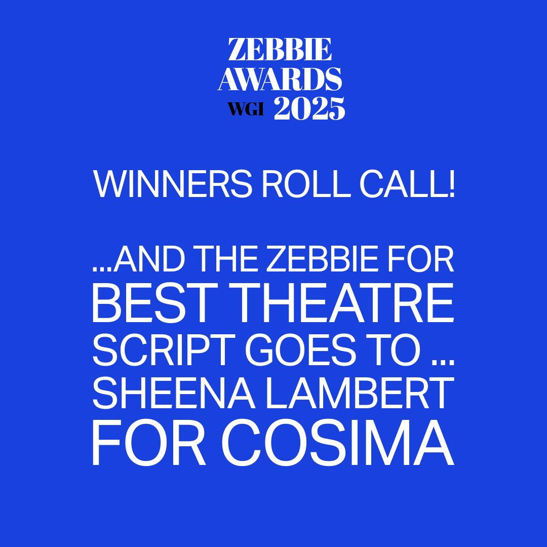 WritersGuildIRL's tweet photo. Congratulations to Sheena Lambert winner of #ZebbieAward for Best Theatre Script #Cosima @shewithonee https://t.co/j5tK5VcFN3