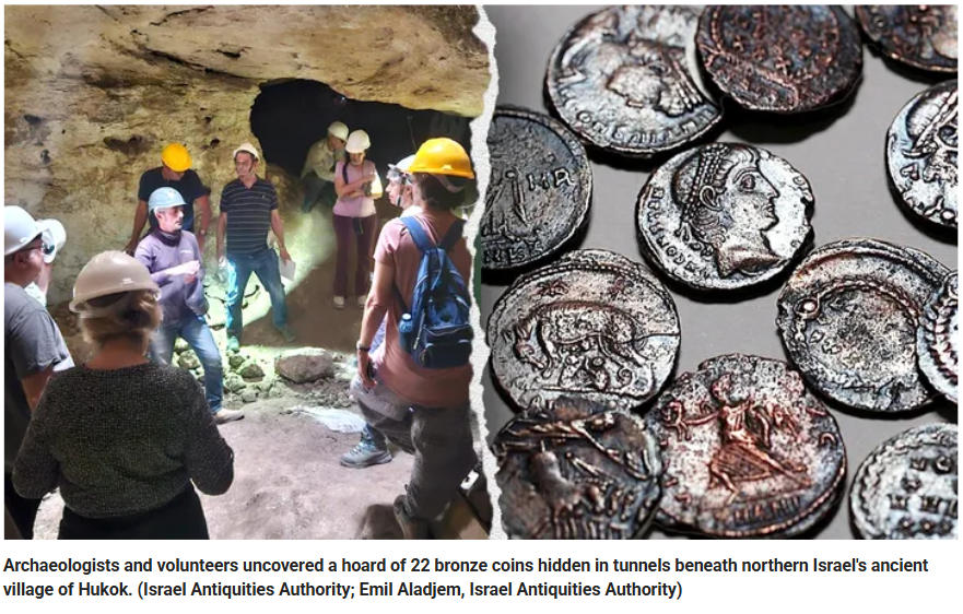 🚨 BREAKING: Archaeologists in Israel just uncovered a treasure hoard of 22 bronze coins — hidden in tunnels near Galilee — tied to a forgotten Jewish uprising against Rome.

These coins date back 1,600 years to the Gallus Revolt (351–352 CE), the last Jewish revolt against Roman