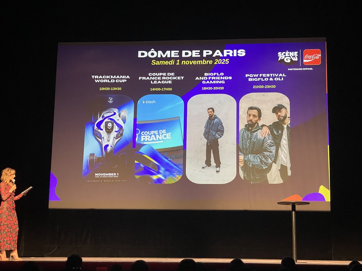 Conférence de presse #PGW2025 : du 30/10 au 02/11 le salon sera multi-site, l’e-sport migrera au Dôme de Paris. Son espace servira au gala TCG. Bigflo &amp; Oli donneront un concert, ainsi que le compositeur et la chanteuse de Clair Obscur : Expédition 33 parisgamesweek.com/fr