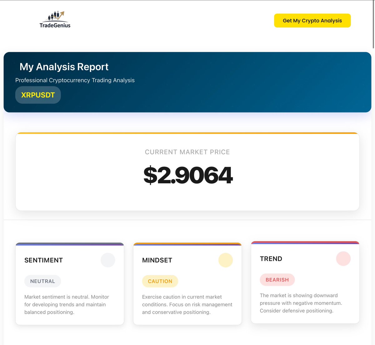 TradeGeniusBot's tweet photo. Structure in the chaos.
Understand the market. Stay in control.
https://t.co/EUioWiCZze delivers real-time, AI-powered crypto analysis in just 2 minutes.

📊 XRP/USDT (Binance)
Get real-time insights into the market’s behavior. Understand key levels, detect trends, and make more confident trading decisions.

⸻

🔍 Trend: Downtrend
The current trend shows that the price is steadily moving down, changing from $3.1193 to $2.9075 over the last 14 days. This typically indicates a cooling phase after a strong rally, with price consolidating near support levels.

⏳ Trade Duration: Short-term
From the buy zone to the sell zone, the average duration is 1–4 weeks, giving traders a clear tactical window for entries and exits.

📈 Market Sentiment: Neutral to Bearish
Momentum has turned negative: RSI near 45 signals no oversold condition, while MACD bearish crossover indicates sellers remain in control. Traders show caution as price struggles to reclaim the $3.00 level.

⸻

✅ Optimal Move:
•Look for retracement entries at $2.8960 (Fib 0.236, local support) and $2.8247 (swing low).
•Watch for resistance at $2.9720, $2.9950 ($3.00 psychological level), and $3.0540.
•Partial profit-taking is recommended near $2.97 and $2.99; strong rejection zones may halt upward momentum.
•Monitor RSI for signs of weakness (<40) and MACD for confirmation of any trend reversal.
•Keep stop-loss protection at $2.53, just below major support, to preserve capital against extended downside.

⸻

💡 Try your first 5 AI-powered analysis for free!
Use code: First5free
🌐 https://t.co/EUioWiCZze

https://t.co/EUioWiCZze: AI-driven insights, no noise. Get clear entry and exit points without guesswork.

#Crypto #Trading #CryptoAnalysis #TradeGenius #XRP #Binance 

DISCLAIMER 
This analysis is for educational and informational purposes only and does not constitute financial, investment, or trading advice. https://t.co/EUioWiCZze does not execute trades, manage assets, or provide personalised recommendations. Users assume all risk when acting on this information.