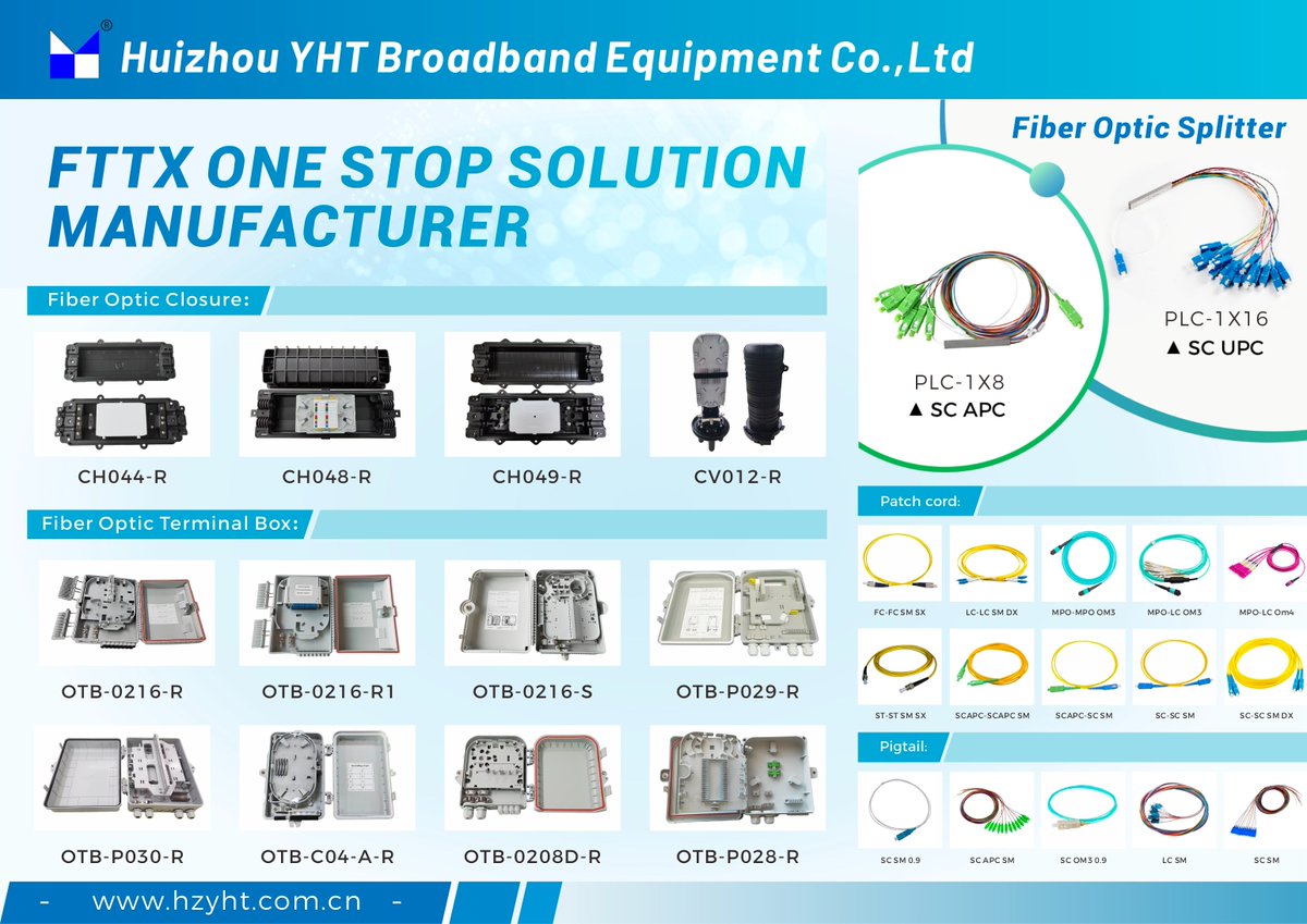 lemonleehappy's tweet image. The best-selling fiber optic products from YHT which is usually in stock or has a short lead time.

#fiberoptic #fiberopticspliceclosure #fiberopticterminalbox #fiberopticsplitter #fiberopticpatchcord #fiberopticpigtail