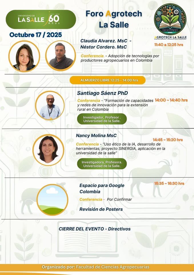 La Facultad de Ciencias Agropecuarias <a href="/agrosalle/">F.C. Agropecuarias</a> de la Universidad de La Salle <a href="/unisalle/">Unisalle</a> invita al Foro Agrotech, 16 y 17 de octubre de 2025. Inscripción: forms.office.com/r/KBCZ5tHiwU