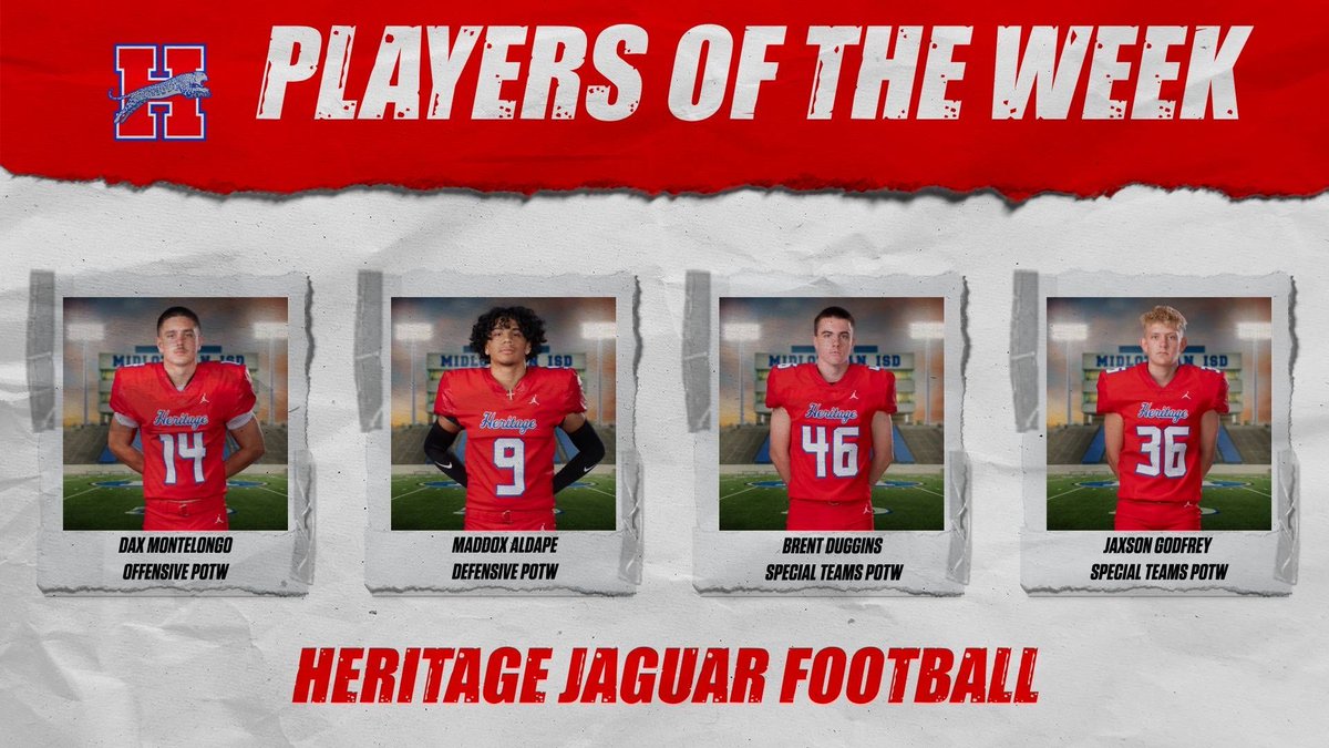 HeritageFtball's tweet photo. Congratulations to our Players of the Week for Week 4!

#FIGHT #GD2BAJ

@MidloHeritage
@BoosterHeritage
@MISD_athletics https://t.co/3uwbu3KGX2
