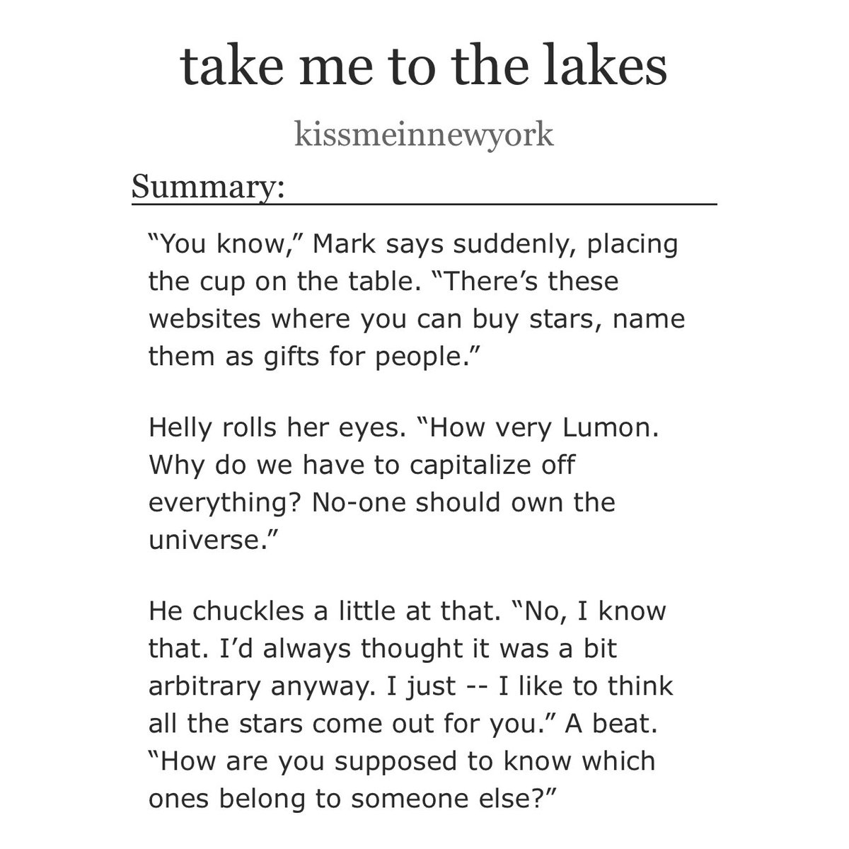 markhellyfics's tweet image. 🍁 take me to the lakes by kissmeinnewyork
🏷️ #markhellyna 
📈 explicit

Helly books a lakehouse for Mark's 48 birthday. There's skinny dipping, a free-standing copper bathtub, and a pretty monumental surprise that catches both of them off-guard.

🔗: archiveofourown.org/works/70773276