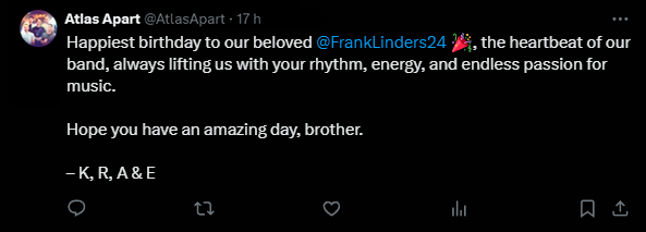 The guys in the band and I were trying to log into the <a href="/AtlasApart/">Atlas Apart</a>  page, but we're terrible at it and couldn't, so I had an idea haha

It's still September 24th here in Brazil, so I'm going to give myself the privilege of posting this to a very special person, <a href="/FrankLinders24/">Frank 🚀🐙</a>