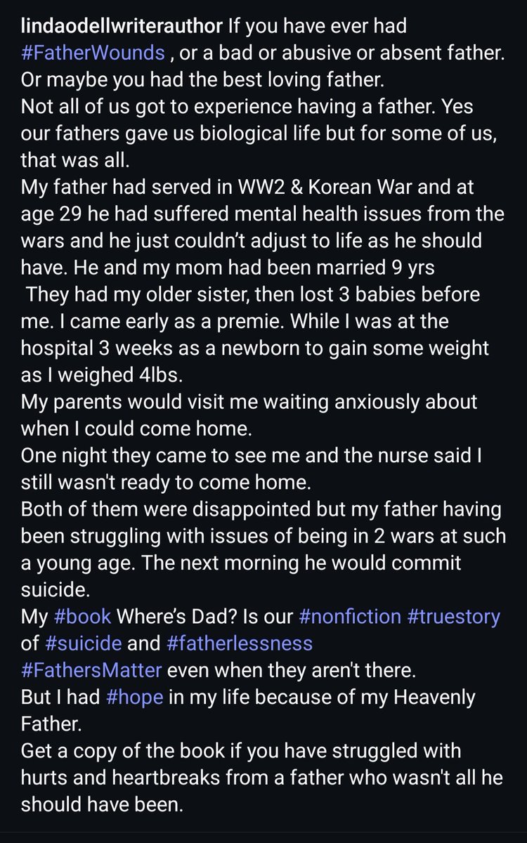 Letters4theLord's tweet photo. My #truestory #nonfiction #book Where’s Dad ? Is the emotional story of #suicide and #fatherlessness with #Hope included.
Get a copy if you have struggled with a #fatherwound because of a less than perfect Father .
https://t.co/0Cu7KEfjCK https://t.co/scLIs0cXaP