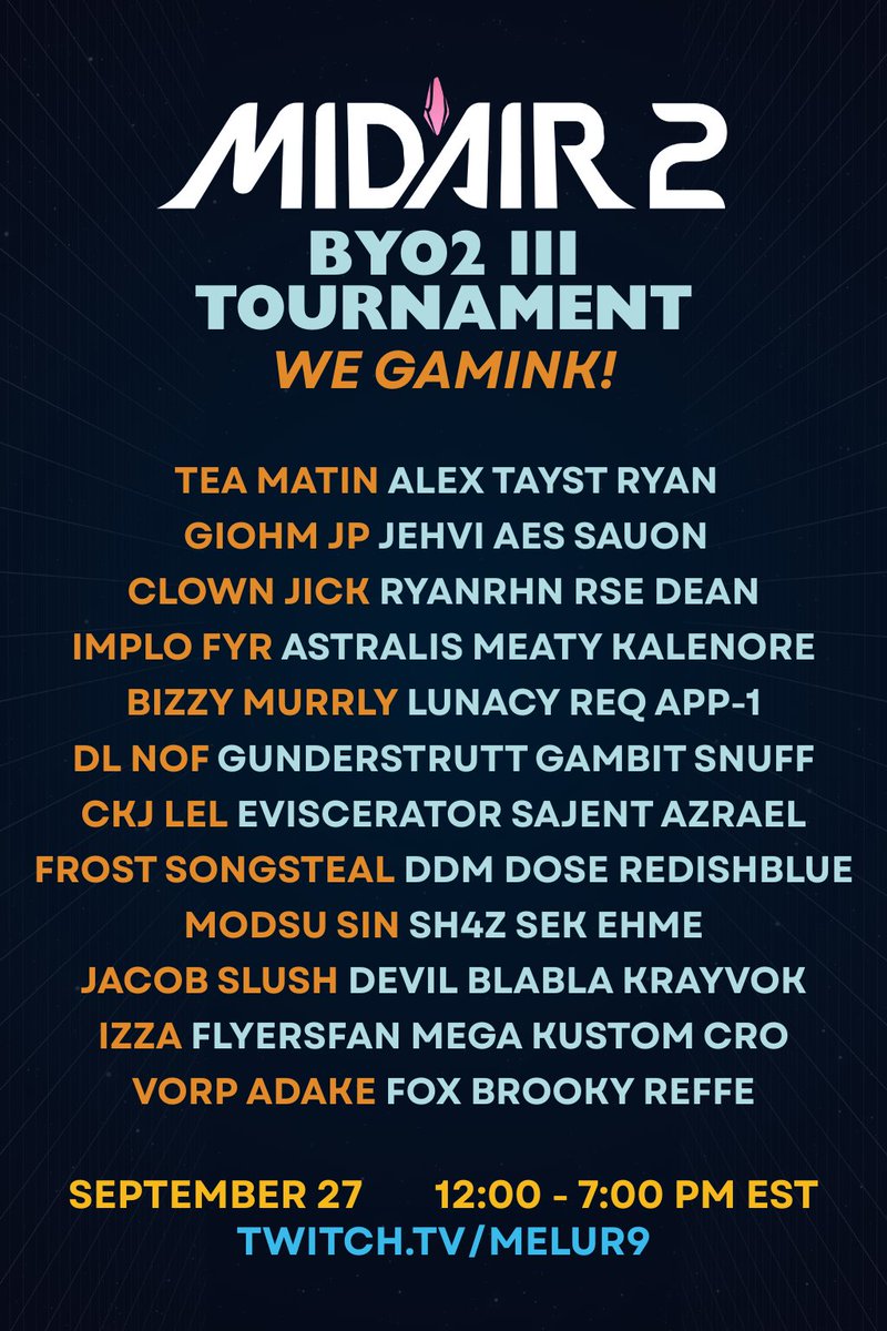 The Midair 2 competitive community is running their BYO2 III Tournament on September 27th | 12-7pm Eastern

Watch some of the best players compete in CTF 5v5!

Watch on Twitch twitch.tv/melur9 for the cast, or look for the "Midair 2" category to catch player streams.