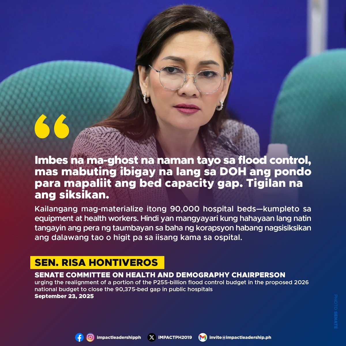 RISA: SHIFT PART OF FLOOD CONTROL FUNDS TO ADD 90K PUBLIC HOSPITAL BEDS

Senate Deputy Majority Leader Risa Hontiveros on Tuesday urged the realignment of a portion of the ₱255-billion flood control budget in the proposed 2026 national budget to close the 90,375-bed gap in