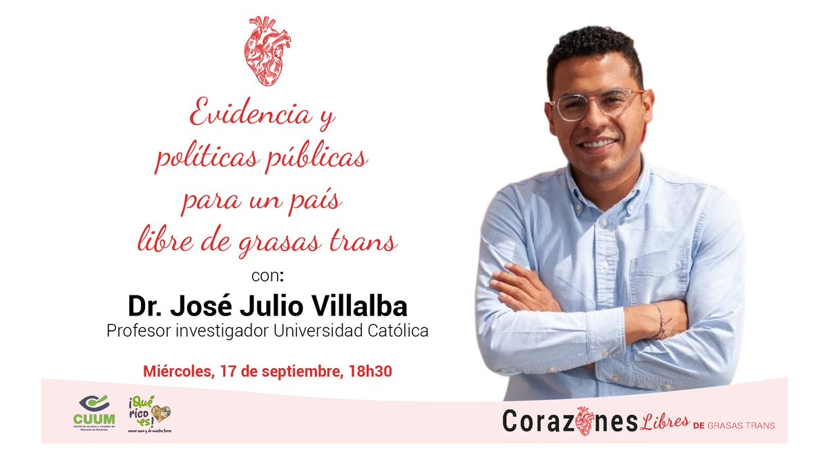 💓 Evidencia y políticas públicas para un país libre de grasas trans
🤝 Dr. José Julio Villalba
⏰ Miércoles 24 de septiembre 18h30
🫀 youtube.com/@mingaporlapac…
#GrasasTrans #SaludCardiovascular #PolíticasDeSalud <a href="/IspPuce/">ISP PUCE</a> <a href="/JOSEJULIOVILLA3/">JOSE JULIO VILLALBA VASQUEZ</a>