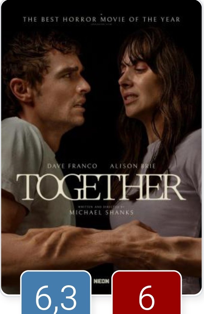 CINE FUSION: Dave Franco y Alison Brie sostienen casi en soledad la toda pelicula, probando que el amor puede ser tan pegajoso como inquietante. Una mezcla rara entre body horror y terapia de pareja. Me agradó, tal vez mas como historia de amor q de terror.