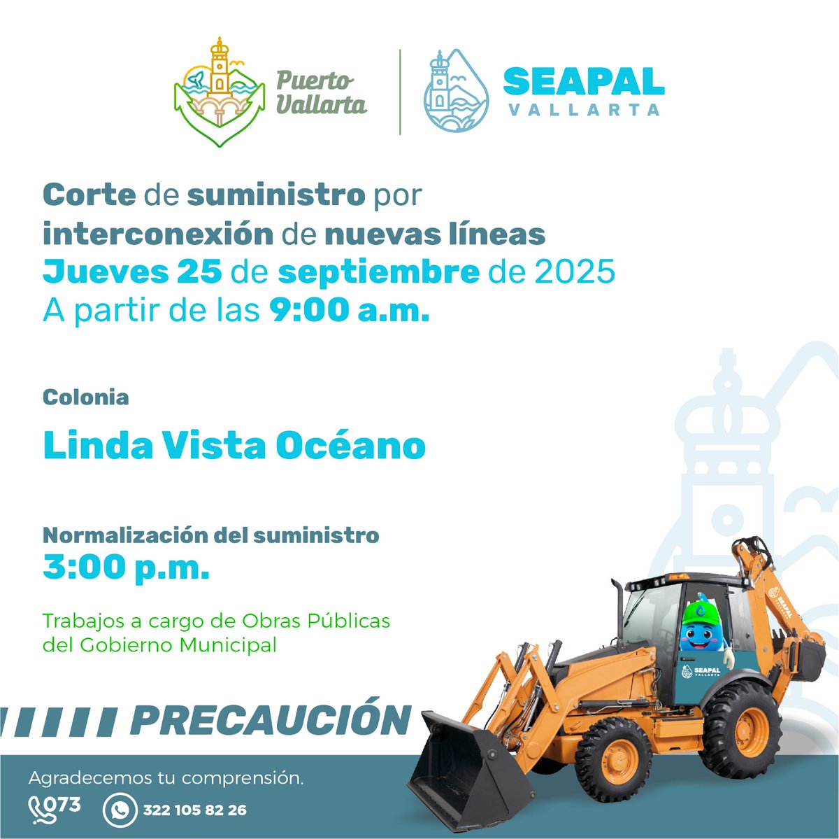 La Dirección de Obras Públicas del Gobierno Municipal realizará este jueves trabajos de entronque de líneas de agua potable en la calle Prolongación Santa María y Madeiros. Almacena agua previamente.  ⚠️💧 #ContigoSEAPALRenace