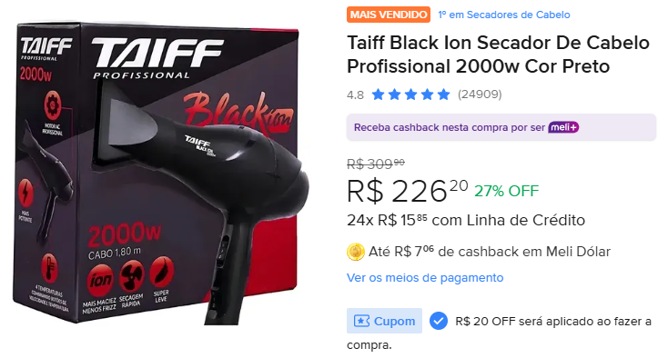 PromosJao's tweet photo. 💁♀️Chega de pedir emprestado
Taiff Black Ion Secador De Cabelo Profissional 2000w Cor Preto
💰 Por R$ 206,20 com cupom 20 OFF
https://t.co/RkR66DwtLJ
#taiff #mercadolivre #achadinhos #secador https://t.co/0cayKeer1I