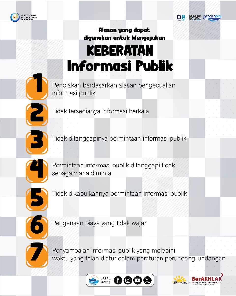 7 Alasan yang #SahabatBahari dapat gunakan untuk mengajukan keberatan informasi publik.

#ZonaIntegritasWBKWBBM #PanganBiru #2025KKPRisetTogether #EkonomiBiru #BerAkhlak 
#BijakMengelolaLaut #KKPGOID #SaktiWahyuTrenggono #DitjenPKRL #DJPKRL #TimurBersinar