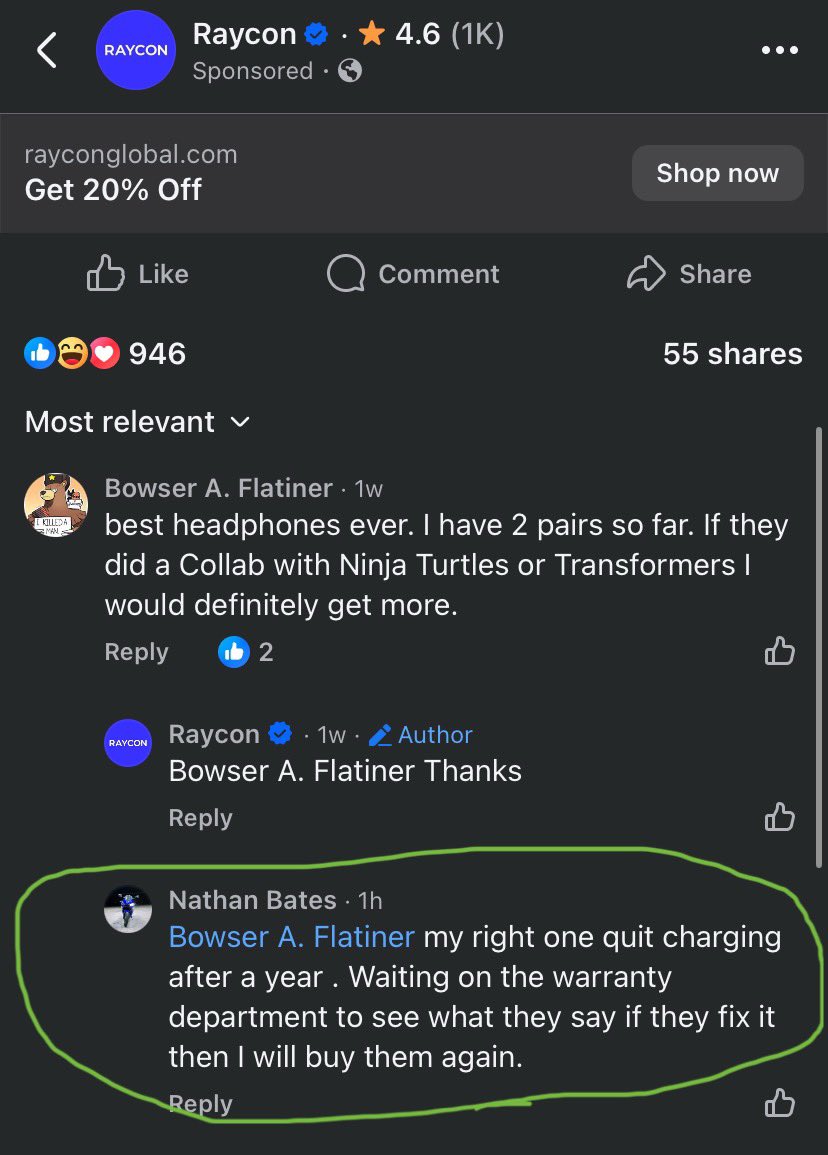 The fuck does a random on social media telling me solve anything? You need to be contacting Raycon.
