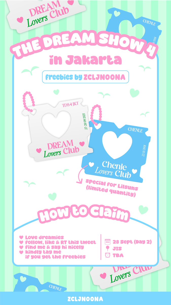 [ RT &amp; Like are very appreciated ]

NCT Dream TDS 4 Jakarta Freebies
꒰ by : <a href="/zcljnoona/">사사</a> ꒱

🗓️ 28 Sept (Day 2)
⏰️ TBA
🧚‍♂️ Follow, RT and Like this tweet
‼️LIMITED QTY

Spot and time will be updated on d-day! See you very soon♡ 
#THEDREAMSHOW4 #DREAMTHEFUTURE
#TDS4INJKT